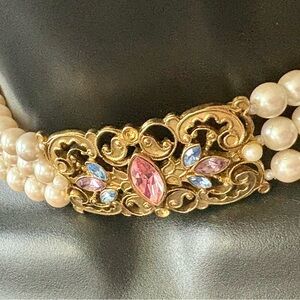925 New Elegant Pearl Choker Necklace with Gold and Pink Accents Vintage